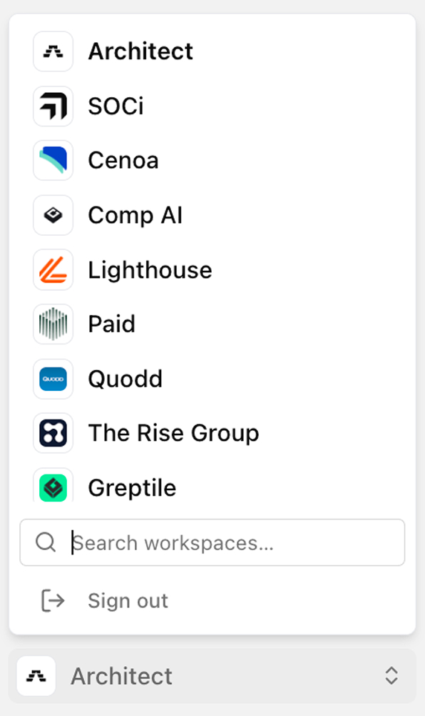 Architect workspace selector menu